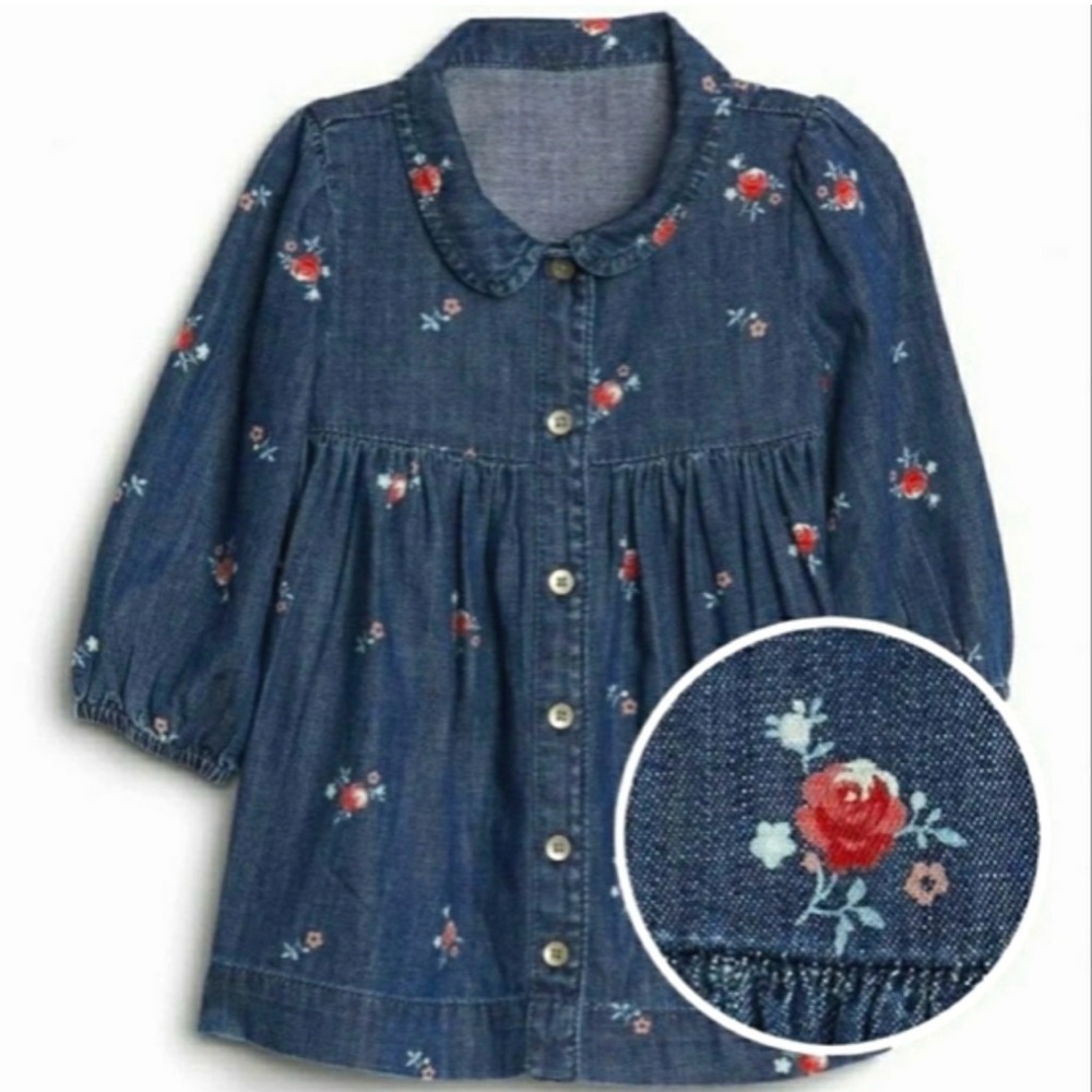 🆕GAP Kids Blue Denim Jacket with Red Floral Accents (NWOT)